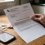Documento d eembargo de cuentas bancarias de la Agencia Tributaria junto a un movil con saldo a cero