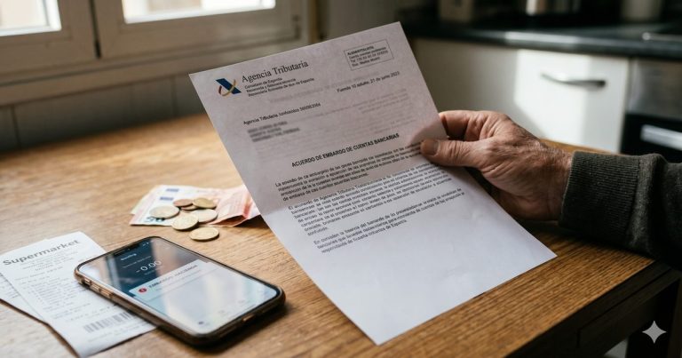 Documento d eembargo de cuentas bancarias de la Agencia Tributaria junto a un movil con saldo a cero