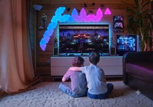 Dos niños sentados en el suelo del salón, de espaldas, viendo en una televisión un estadio iluminado con un ring de boxeo en el centro