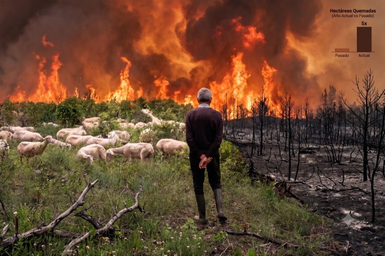 Un pastor de espaldas observa el frente de llamas desde un prado donde pasta su rebaño, junto a una franja de monte ya calcinado