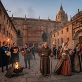 Estampa de Salamanca al anochecer con la fachada de la Universidad, un fraile con llaves, una joven y estudiantes con capa tocando instrumento