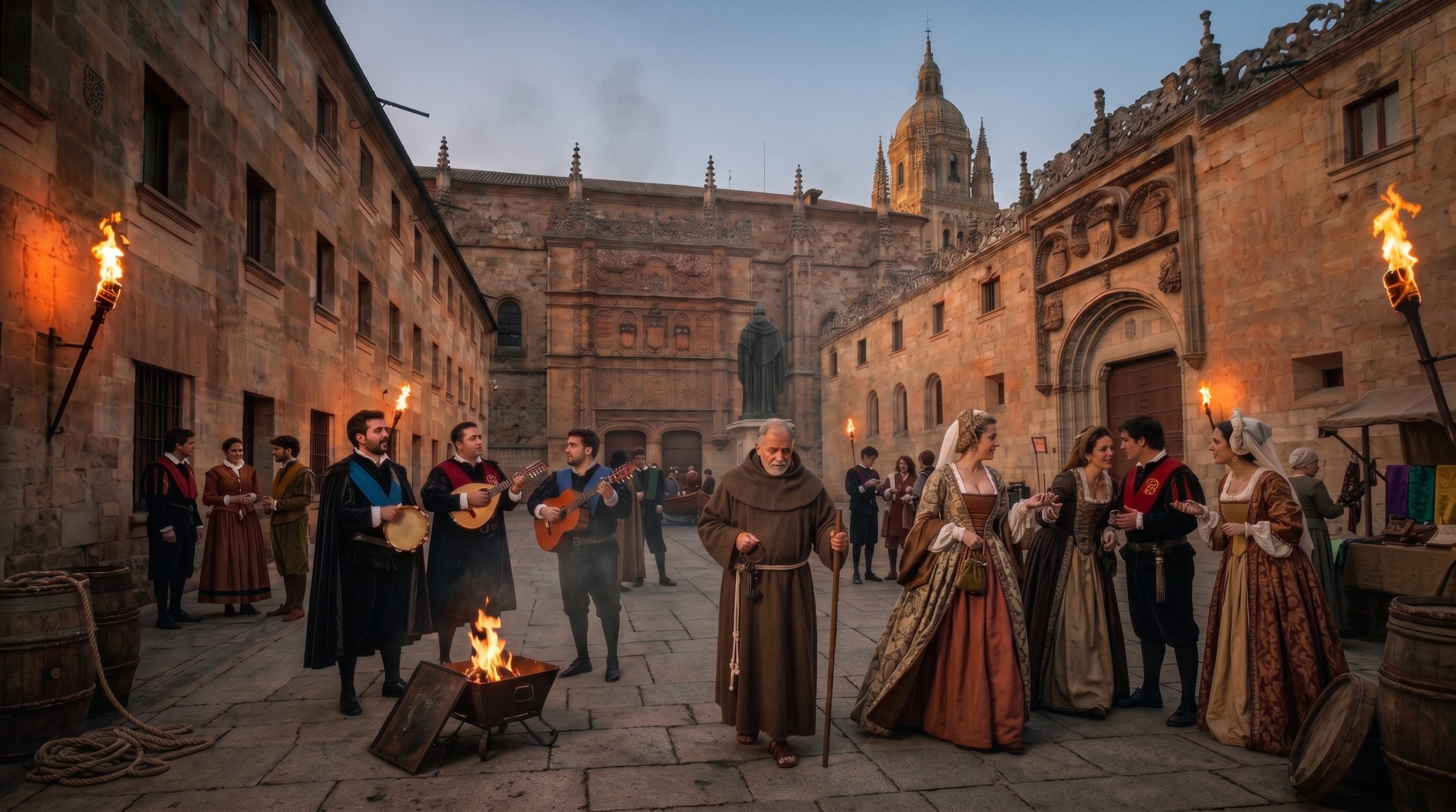 Estampa de Salamanca al anochecer con la fachada de la Universidad, un fraile con llaves, una joven y estudiantes con capa tocando instrumento