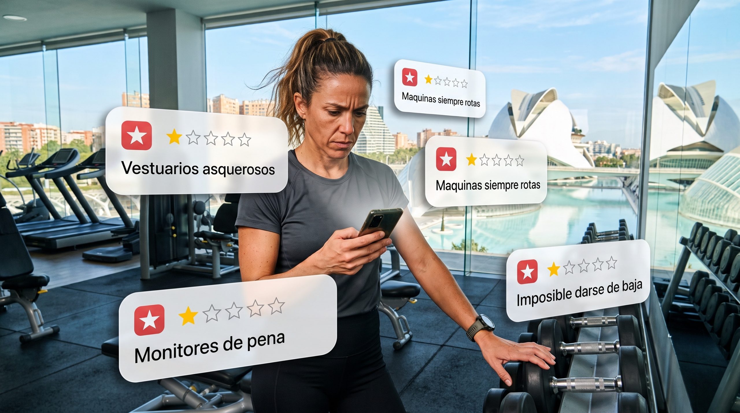 Responsable de un gimnasio revisando en el teléfono las valoraciones negativas de sus instalaciones