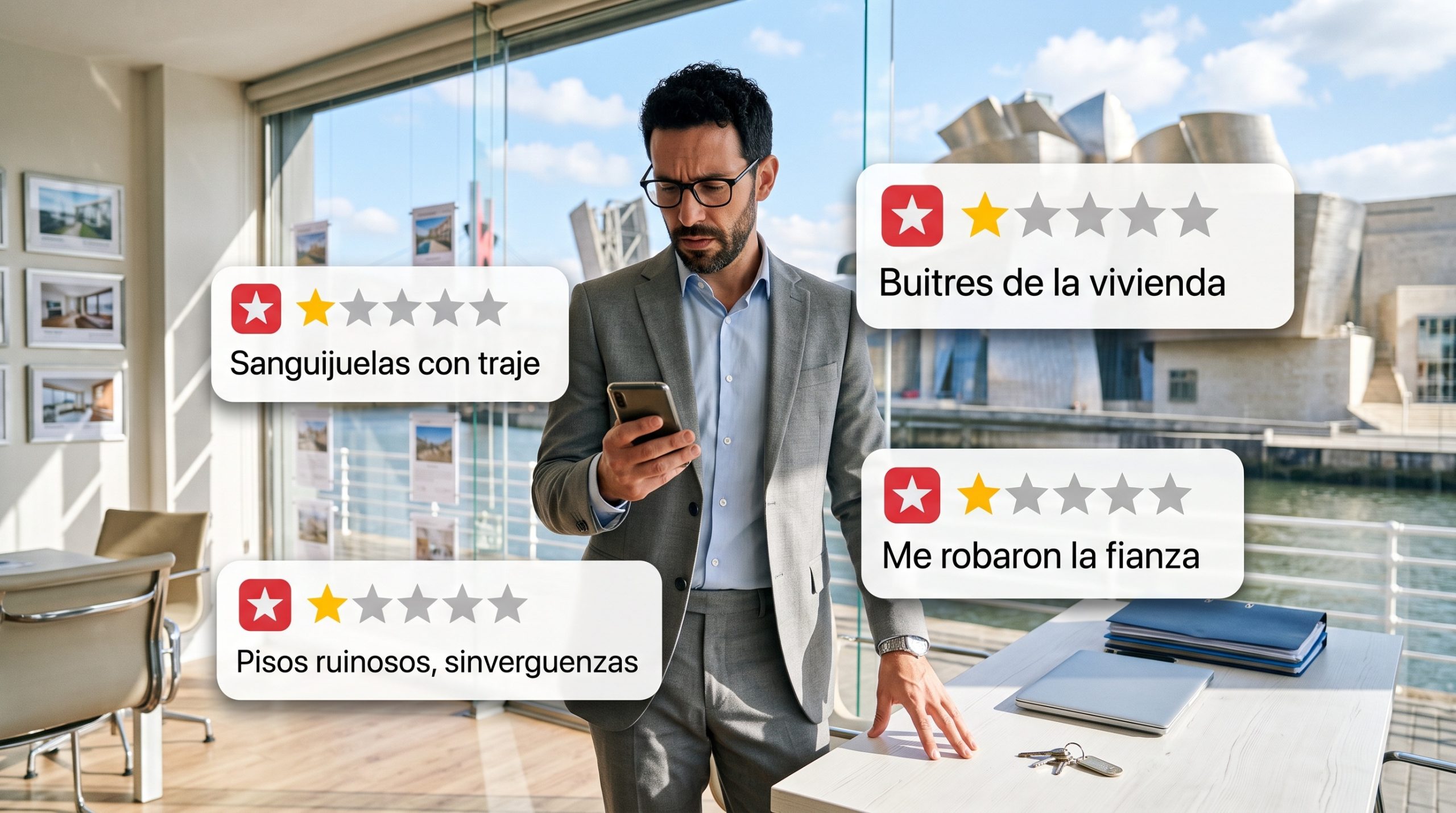 Agente inmobiliario en su oficina consultando en el móvil reseñas negativas sobre la agencia