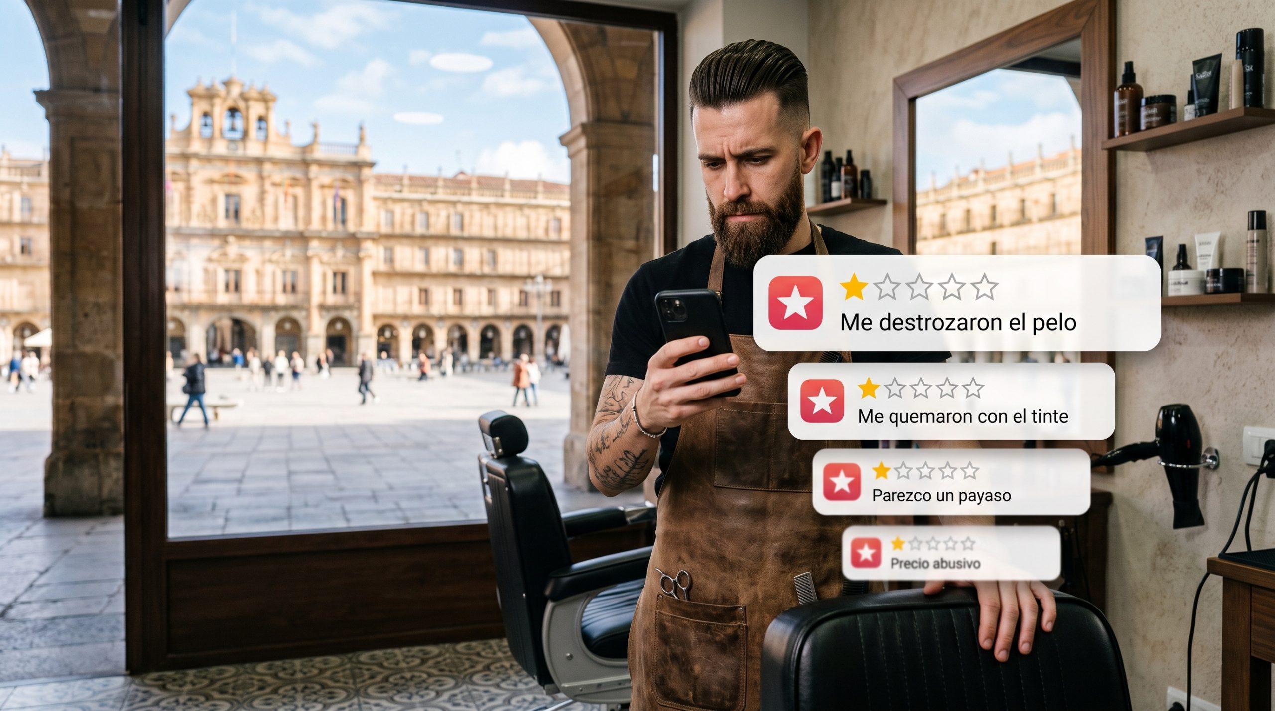 Barbero en su local revisando en el teléfono reseñas negativas sobre el servicio