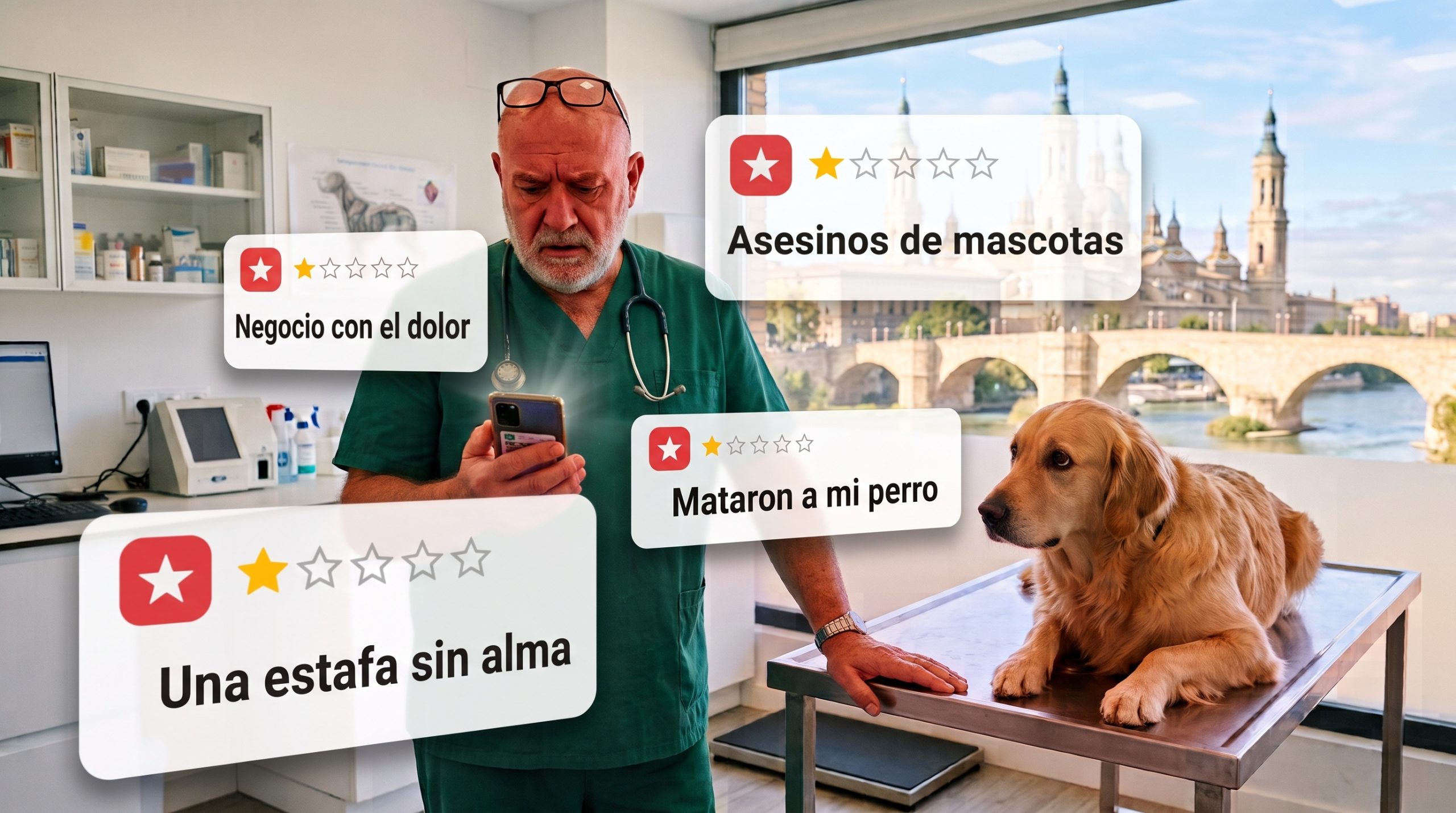 Veterinario en consulta revisando reseñas negativas en el móvil junto a un perro sobre la mesa de exploración