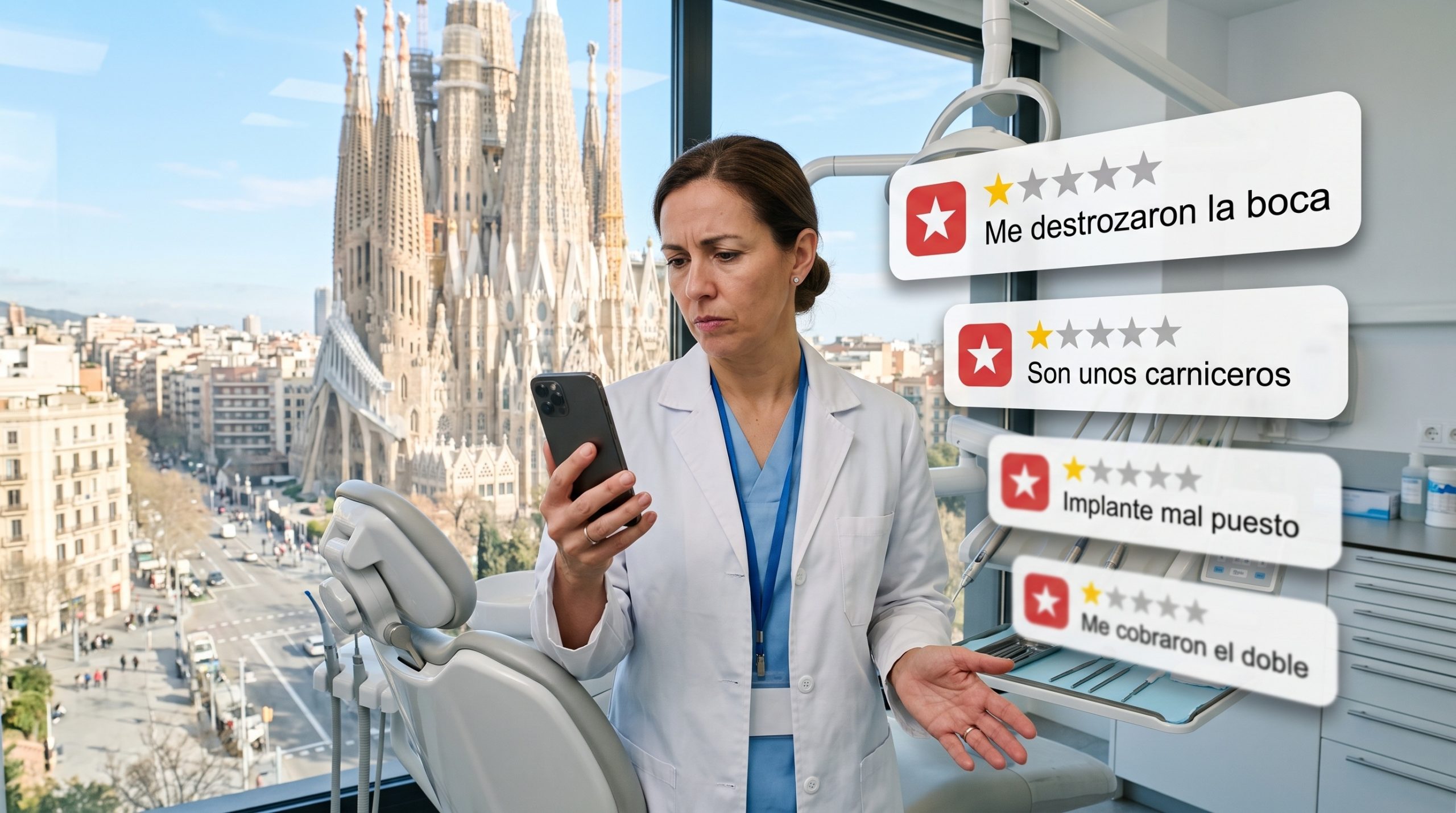 Odontóloga en su clínica dental consultando en el móvil reseñas negativas sobre el centro