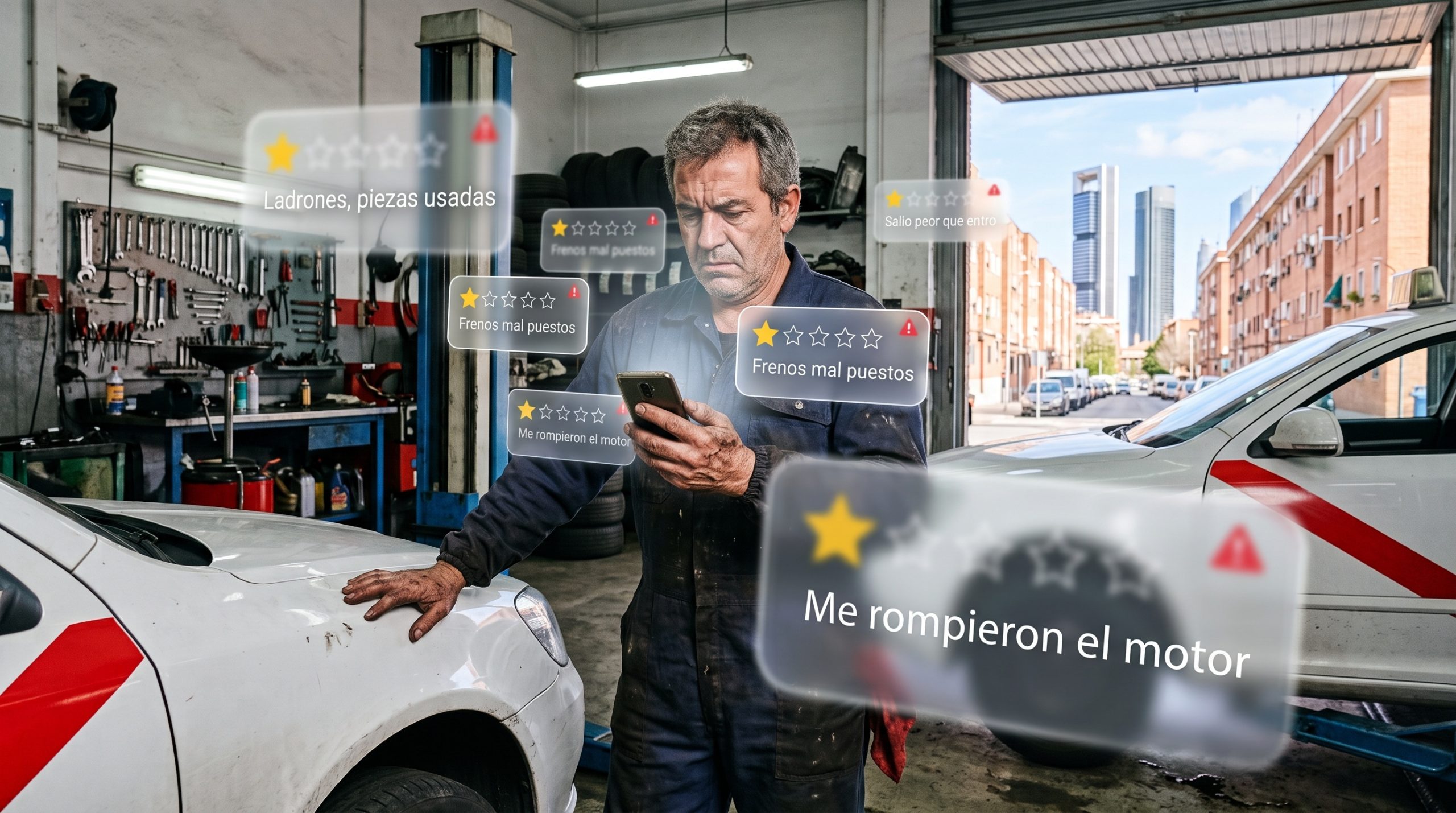 Mecánico en su taller leyendo en el teléfono valoraciones negativas sobre las reparaciones
